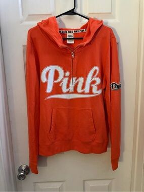 PINK Victoria's Secret Bright Orange Half-Zip Hoodie with White Logo